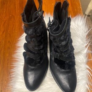 Black Heeled Boots with Fur Accents